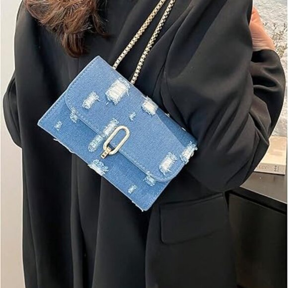 Neiman Marcus Blue Denim Purse with Gold Hardware - Picture 1 of 5